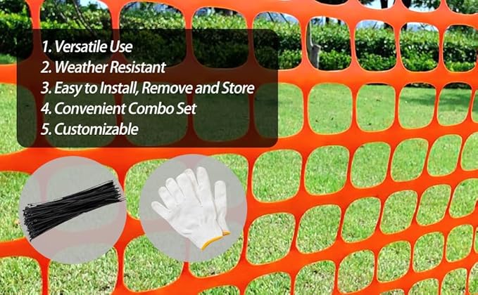 PotatoLife Plastic Mesh Fence Safety Fence, 2 Roll 4'x100' with 100 Zip Ties, Resuable Temporary Netting for Garden Fencing, Construction, Snow Fencing, Animal Barrier, Poultry, Deer, Patio, Orange