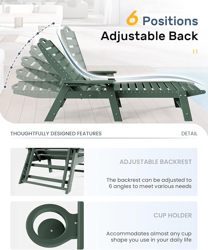 Chaise Lounge for Outdoor, Patio Lounge Chairs for Outside, Chaise Lounge Chair with 6 Positions, HDPE Lounge Chair with Cup Holder for Pool Poolside Deck Backyard Lawn, Green