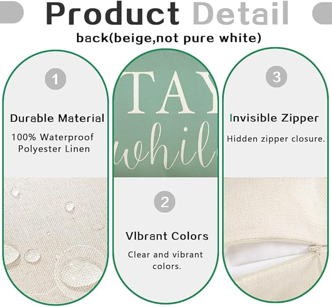 RABUSOFA Welcome to Our Porch Decor Outdoor Pillow Covers Waterproof,12x20 Set of 2 Eucalyptus Green Stay Awhile Relax Lumbar Cushion Case Decorations for Patio Couch (Green)
