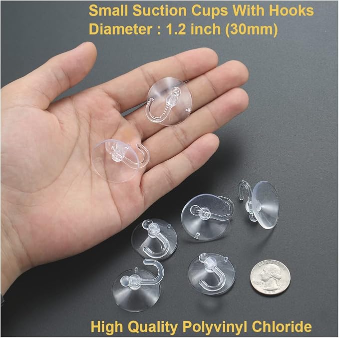 200 Pieces Small Suction Cups with Hooks 1.2 inch Clear Plastic Sucker Hooks for Glass Window Wall Festivals Parties Theme Carnival Decoration Door Bathroom Kitchen