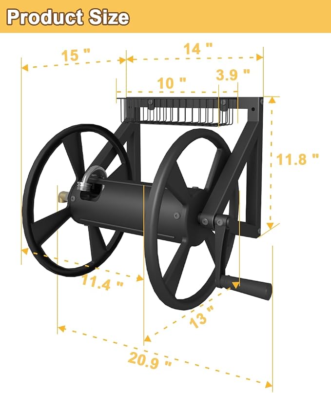 Artigarden Triangle Wall Mounted Garden Hose Reel, Outdoor Heavy-Duty Water Hoses Holder Winder, Holds 125 Ft of 5/8-Inch Hose, with 3.9 ft Leader Hose, Brass Fitting, Storage Basket for Yard, Black