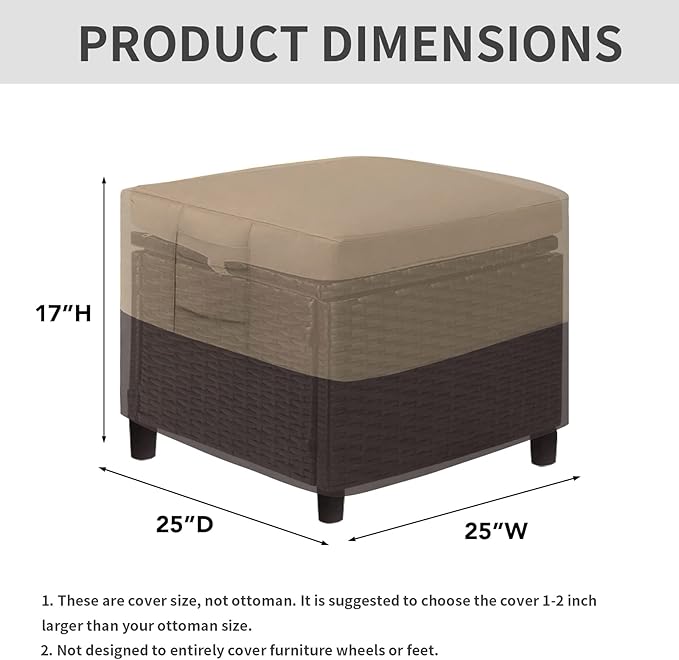 Easy-Going Outdoor Ottoman Cover, Waterproof Patio Ottoman Cover, Heavy Duty Outdoor Furniture Cover with Padded Handles (2 Pack-25"x25"x17", Camel/Dark Brown)