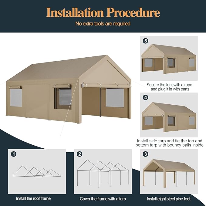 Shintenchi Portable Garage Canopy,10x20 FT Heavy-Duty Design Carport,Carport Canopy