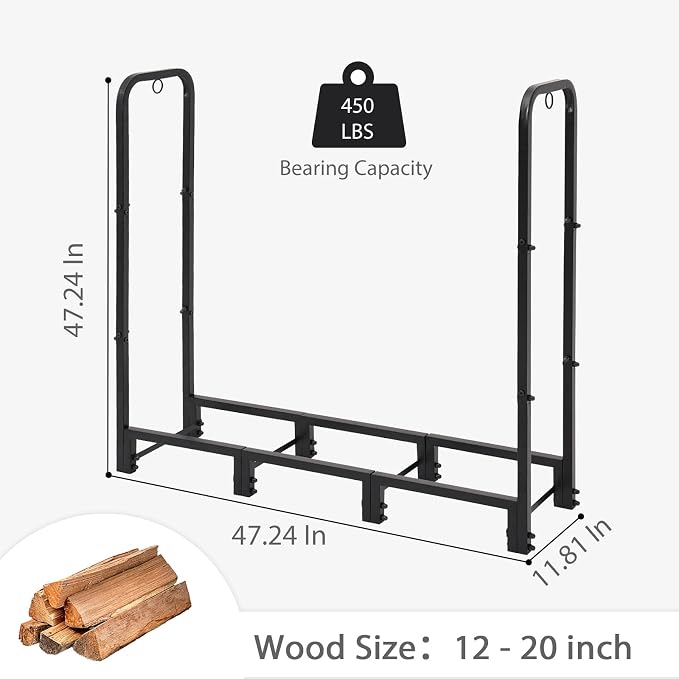4FT Firewood Rack Outdoor with Cover, Heavy Duty Wood Holder with Log Carrier, Adjustable & Waterproof Log Holder Wood Storage Stand for Fireplace Patio Outdoor, Black