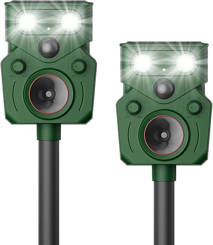 Ultrasonic Animal Repeller Solar Powered Ultrasonic Deer Repeller Motion Sensor Cat Deterrent 2 Pack Fox Squirrel Dog Deterrent Device with 5 Modes and Flashing Lights Outdoors Yard Lawn Farm Garden