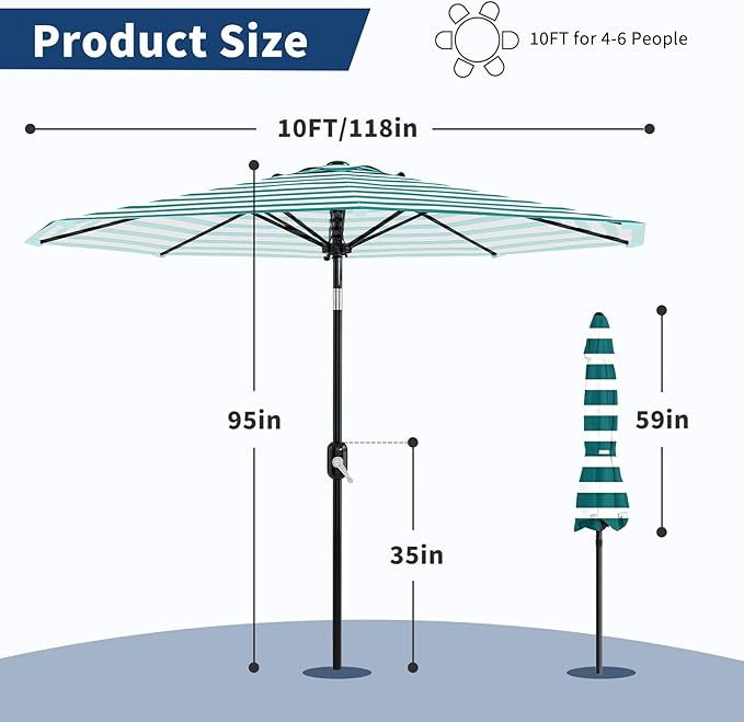Garvee 10FT Outdoor Patio Umbrella 8 Sturdy Ribs Outdoor Table Umbrella with Crank Lift & Push Button Tilt UV Protection Waterproof Market Umbrellas for Pool Deck Yard, Turquoise & White Stripes