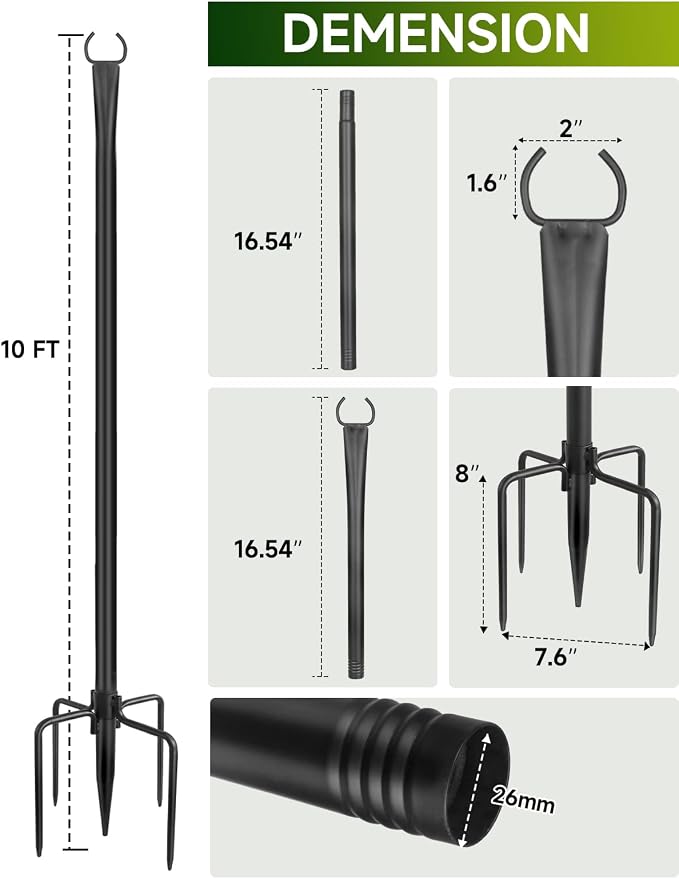 6 Pack String Light Poles for Outside, 10ft Metal Outdoor String Light Poles for Deck - Ideal for Patio, Garden, Yard, Front Porch Decorations, Black