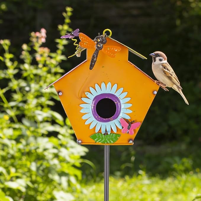 DREAMSOUL 37" Bird Houses for Outside, Hanging Bird House with 3D Design Metal Birdhouse Pole for Patio Yard Garden