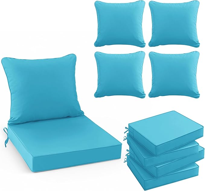 Summsun Outdoor Backrest and Deep Seat Cushion Set, Waterproof Fade Resistant Patio Chair Furniture Cushion with Removable Cover, 22 x 22 Inch, Teal, Set of 4