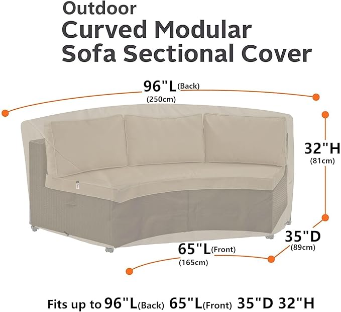 Curved Patio Furniture Cover for Outdoor Sectional Sofa, 96"(65") Reinforced Waterproof 600D Patio Sectional Covers, Lawn Outside Garden Furniture Winter Protector, Natural Beige