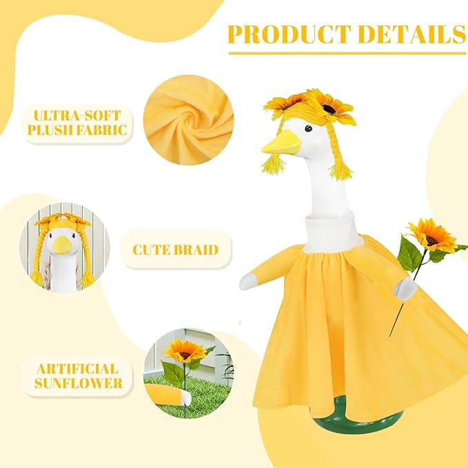 3 Pcs Porch Goose Outfits, for 23-28 Inch Porch Goose,Patriotic Costume for Plastic/Cement Statue for Outdoor Courtyard Garden Terrace Art Decoration (Sunflower, 23-28IN)