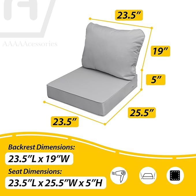 AAAAAcessories Outdoor Seat Cushions for Chairs, Fade-Resistant, Waterproof Patio Furniture Replacement Cushions, 23.5" x 25.5" x 5" + 23.5" x 19", Gray