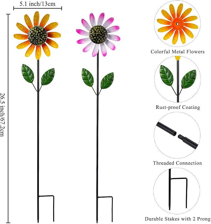 4 Packs Wind Spinner Outdoor, Pinwheels for Yard and Garden, Metal Sunflower Decorative Garden Stakes for Lawn Patio Porch Decor