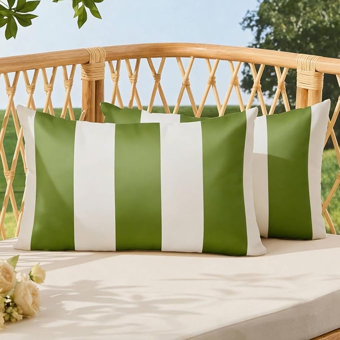 Allorry Outdoor Pillow Covers 12x20 Set of 2 Olive Green Striped Decoration Throw Pillow Covers for Spring Summer Outdoor Waterproof Garden Patio Furniture Sofa Bed Home Decor JB007-B12