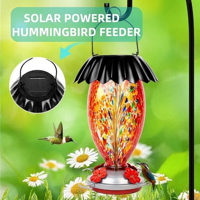 Solar Hummingbird Feeder for Outdoors Hanging Colorful Lighting 32 Oz Hand Blown Glass Hummingbird Feeder for Garden Decoration with Accessories (Firework)