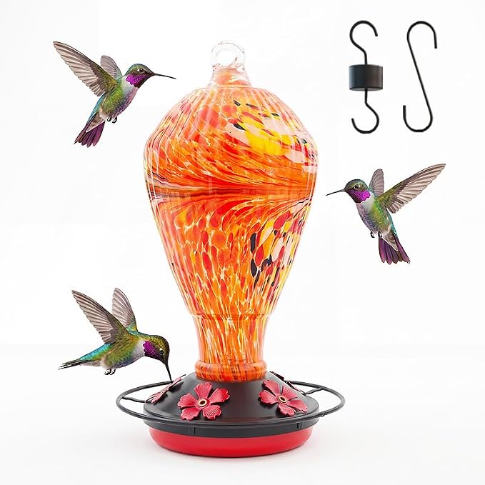 Orange Hummingbird Feeder Colorful Blown Glass Outdoor Hummingbird Feeder with Ant Moat and 5 Feeding Ports for Outdoors Hanging Garden Decor, Bird Lovers