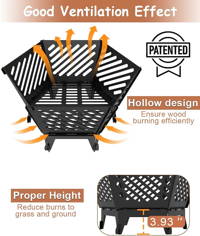 22.5 Inch Portable Hexagon Fire Pit with Travel Bag — Smokeless Patented Design Outdoor Wood Burning Fire Pit for Camping, Backyard, Patio, Bonfire, Picnic and BBQ, Diagonal Hollow Style