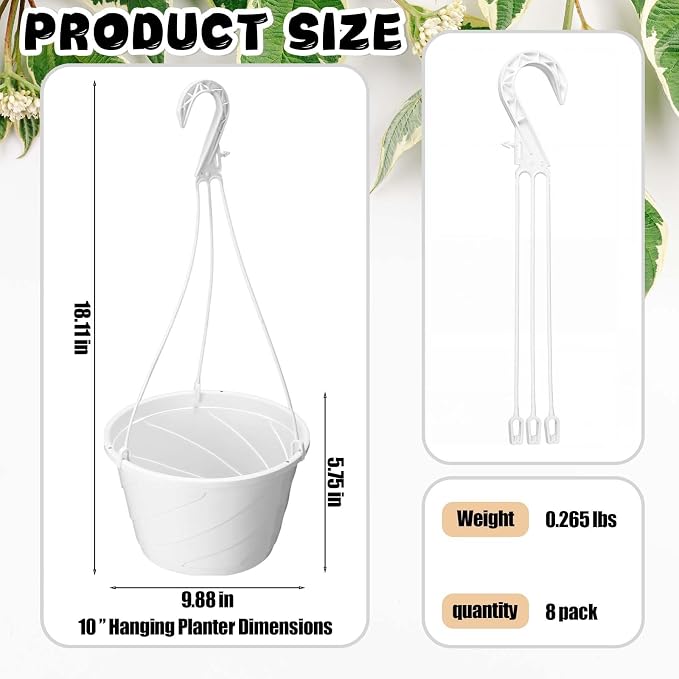 8 Pcs 10 Inch Modern Euro Swirl Hanging Planter Uv-Resistant Plastic Hanging Basket Smart Drainage Lightweight Indoor Outdoor Flower Pots for Garden Porch Balcony Patio Home Decor (White)