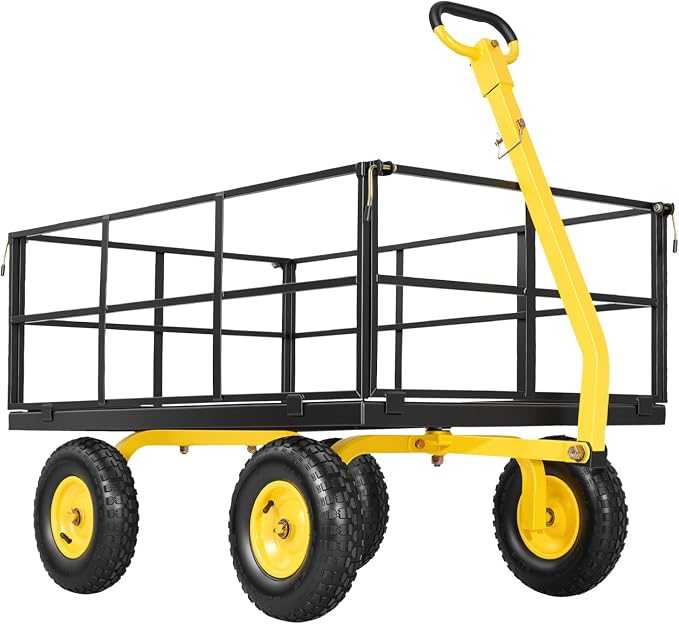 VEVOR Steel Garden Cart, 1400 lbs Heavy Duty Pullable Garden Wagon Yard Cart, 2 in 1 Outdoor Metal Utility Wagon Yard Trailer with 13" All Terrain Tires, Mesh Detachable Sides and 180° Rotating Handle