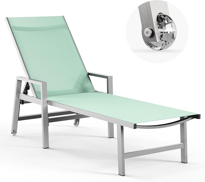 Vexwalx Patio Chaise Lounge Chair Outdoor with Wheels&Armrests, Aluminum Pool Lounge Chairs 5-Position Adjustable Recliner, Outdoor Beach Lounge Chairs for Poolside, Patio, Deck, Yard, Light Green