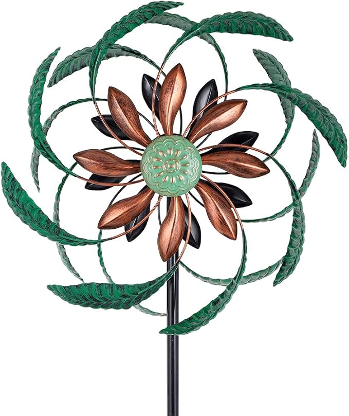 Viveta Outdoor Wind Spinner, Green Leaf Wind Sculptures, Metal Windmill Garden Pinwheels for for Patio, Lawn, Yard