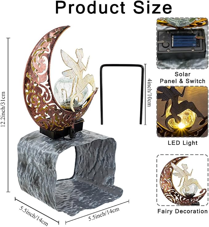 Metal Fairy Gutter Downspout Extensions with Solar Powered Glass Cracking Ball, Outdoor Waterproof Splash Block Sculpture Solar Garden Decor for Yard, Lawn