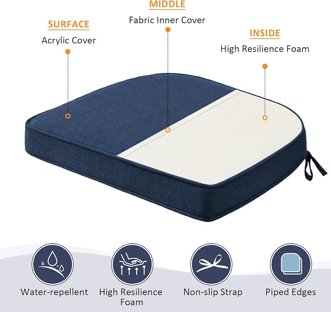 Unimatta Sunbrella Round Corner Seat Cushions, 17" x 16" x 2", Set of 4, Indoor Outdoor Water Repellent Universal Chair Pads with Ties for Patio Furniture, Garden Dining Chairs, Specrtum Indigo