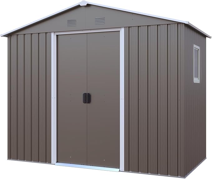 8x4 FT Outdoor Metal Storage Shed with Window, Galvanized Steel Garden Shed, Lockable Sliding Door, Sloped Roof, Ventilated Tool Storage House with Foundation Kit for Backyard Lawn, Gray
