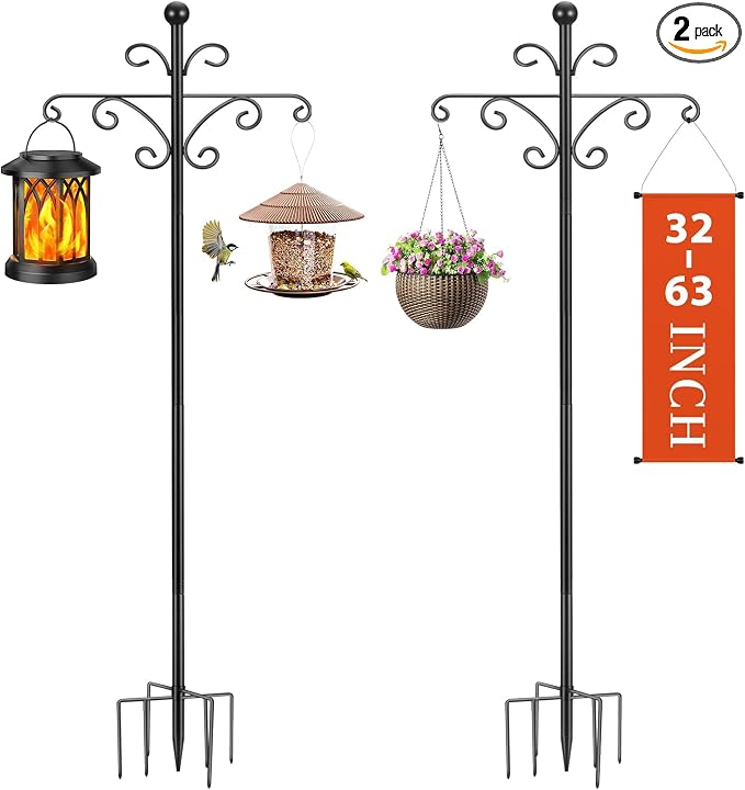 Bird Feeder Pole for Outdoors Heavy Duty Squirrel Proof, 2 Pack 92 Inch Adjustable Tall Shepherds Hooks for Outdoor with 7 Prongs Base, Double Shepherd Hooks (2 Pack Black, 92 Inch)