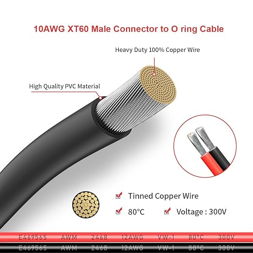 ELFCULB XT60 to O Ring Terminal Cable, 10AWG XT60 Male to O Ring Connector Cable with Tinned Pure Wire for RC Battery Solar Portable Power Power Station and Solar Panel(10FT)