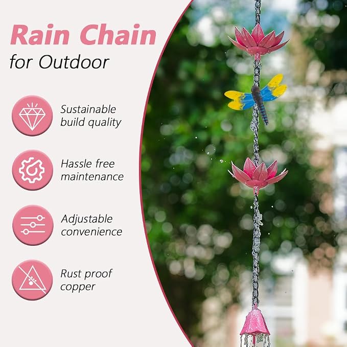 10ft Lotus Rain Chains for Outside, 12-Cup Rain Chain Replacement Downspout for Gutters,Eaves, Drainage, Adjustable Length(Pink)