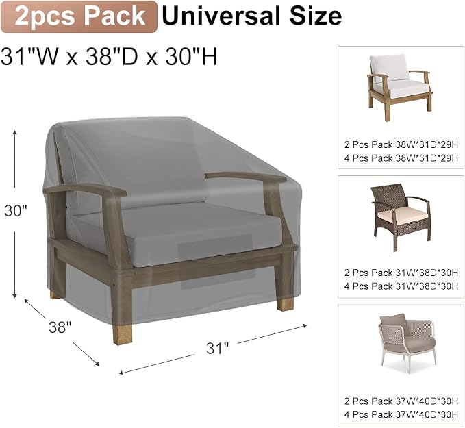 Patio Chair Covers for Outdoor Furniture Waterproof 2 Pack, Lawn Chair Covers 600D Heavy Duty Oxford Cloth, Large Covers for Lounge Lawn Deep Seat Black 31" W×38" D×30" H