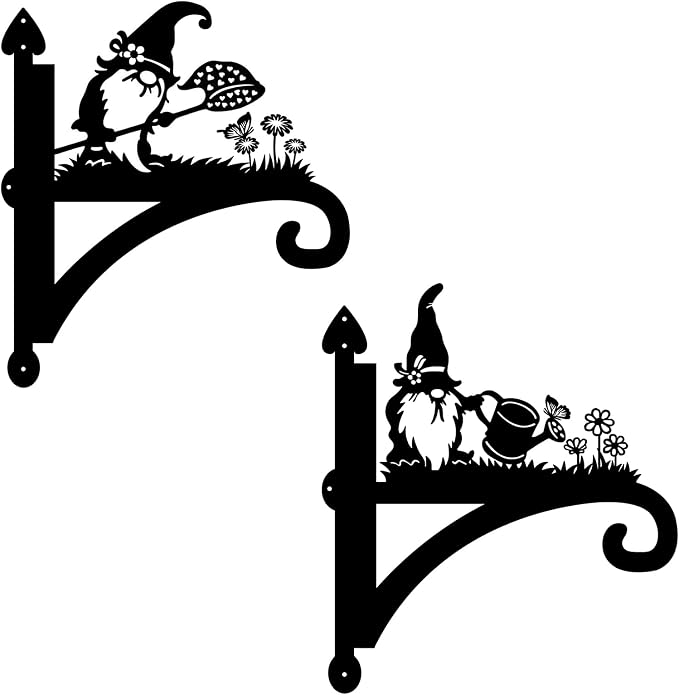 Hanging Plant Bracket Heavy Duty Iron Ornamental Gnome Silhouette Hanging Plant Hangers Outdoor 12 inch Basket Bracket Hook Wall Mounted for Flower Pot, Lantern, Bird Feeder, Wind Chimes