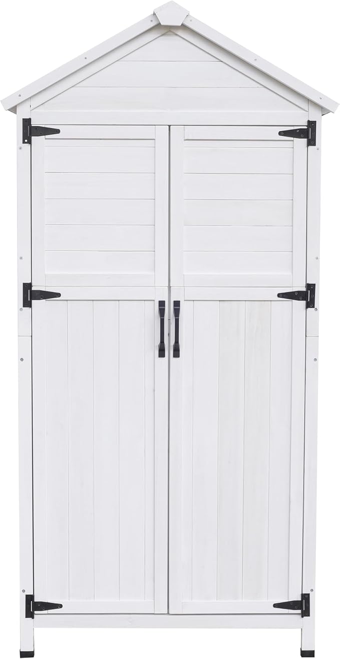Christopher Knight Home Neapo 67" Outdoor Storage Shed, Spacious Storage Garden Tools Shed, Fire Wood Tall Sheds, Two Open Doors, Wooden Panel Design, Easy Organize Lawn Mowers, Shovels, Pots, White