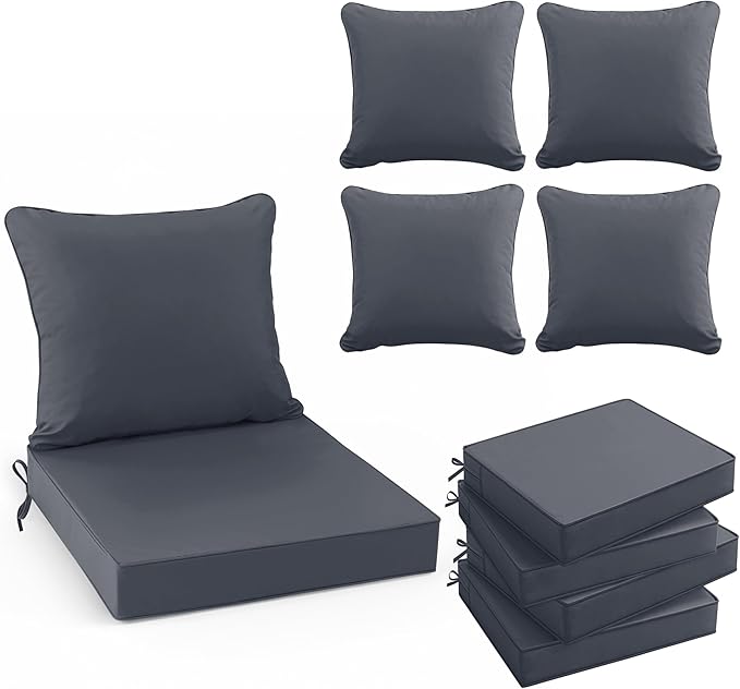 Summsun Outdoor Chair Cushion 19 x 19 Inch, Backrest and Seat Cushion Set for Patio Furniture with Water Resistant Removable Cover, Dark Grey, Set of 4