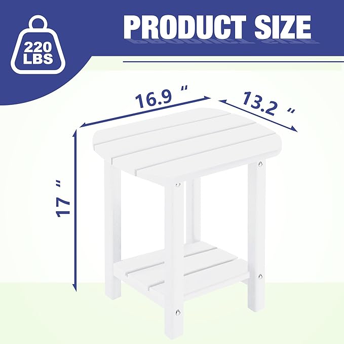LZRS 2-Tier Patio Side Table, Heavy Duty HDPE Outdoor End Table with Wood Texture, Weatherproof Composite Table for Adirondack Chairs, Deck, Pool, Indoor/Outdoor, No Peeling Cracking(White)