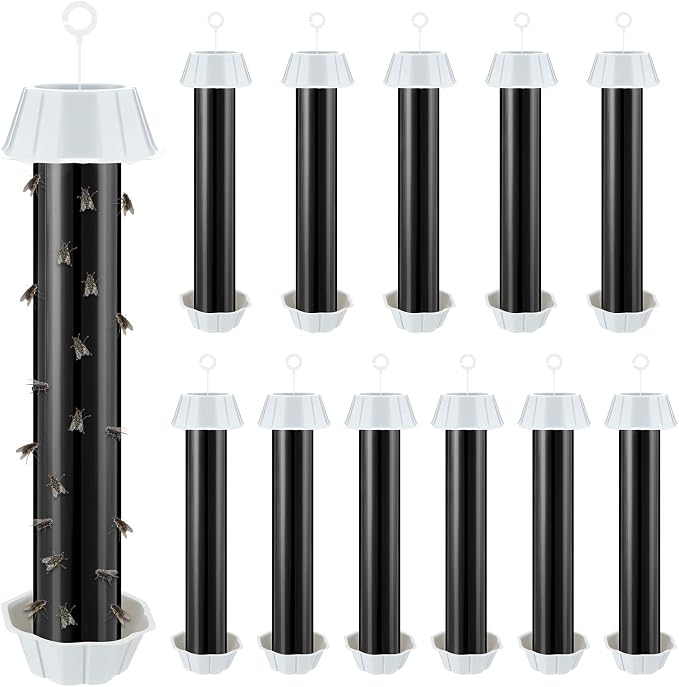 Qualirey 12 Pcs Sticky Fly Trap Fly Stick Indoor Outdoor Long Lasting Hanging Flies Bug Catcher Paper Tape Strips with Hook for Wasps Gnats Bug Insects Fruit Flies Mosquitoes (Classic-3,Black)