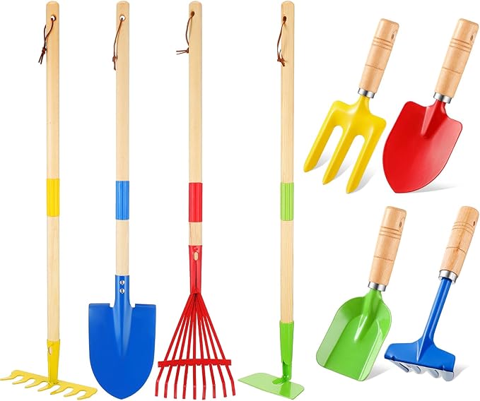 16 Pcs Kids Gardening Tools, Long Shovel, Rake for Leaves, Spade, Hoe, Steel Heads and Real Wood Handle, Yard Tools for Children Toddlers Gifts