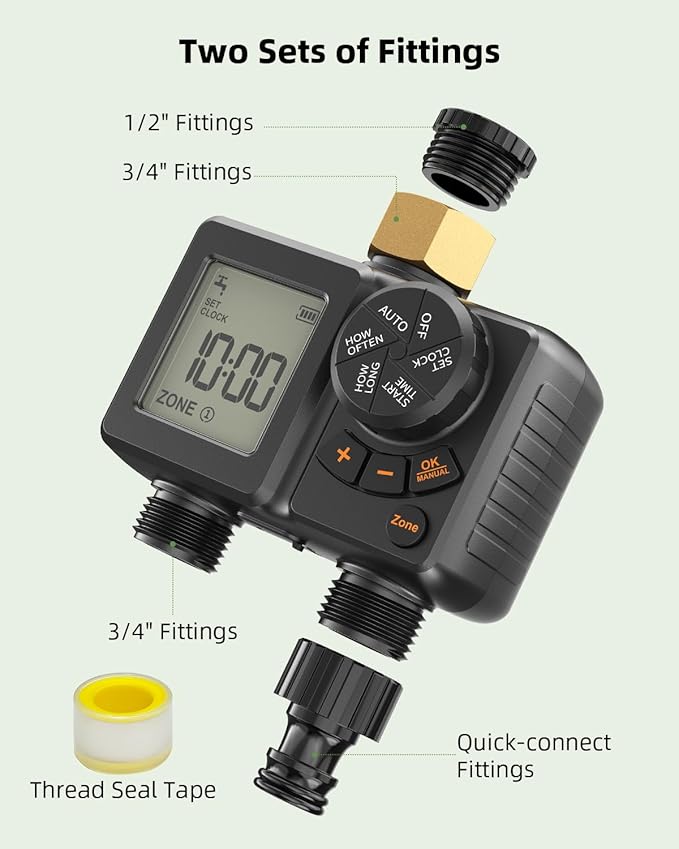 Sprinkler Timer 2 Zone,Water Timer for Garden Hose with Lithium Battery ＆ Controller Brass Inlet, Delay/Manual/Automatic Watering Irrigation System for Yard, Lawn,Garden IPX6 Waterproof