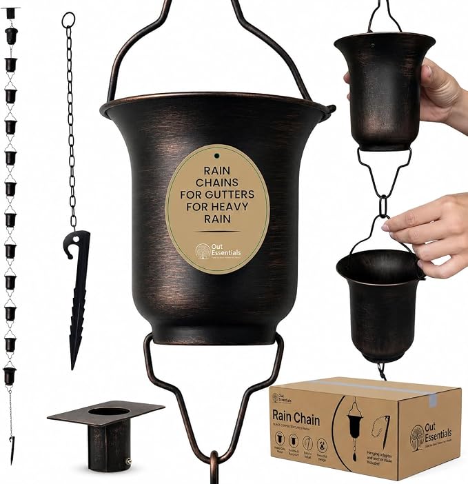 Copper Rain Chain 9 FT, 11 FT Installed with Anchor Stake and Gutter Adapter, Durable Heavy Duty Rain Chains for Gutters for Heavy Rain, Rust Resistant, Outdoor Decor for Homeowners