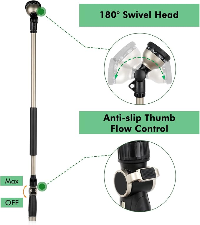 RESTMO 36” Long Watering Wand, Metal Garden Hose Wand with 180° Swivel Head, High Pressure Hose Nozzle Sprayer, Heavy Duty Brass Head, for Car Washing, Garden Cleaning, Lawn and Plant Watering