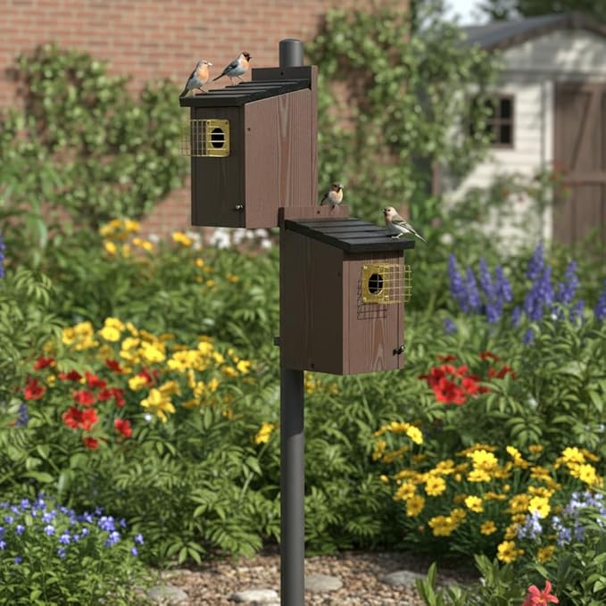 2pk Fortress Bluebird House for Outdoor Clearance - Mesh Cage Predator Guard - Metal Base & Brass Guard - Cedar Birdhouse for Bluebirds, Finches, Swallows Carbonized Outdoor 5 Years Usage 6"x7"
