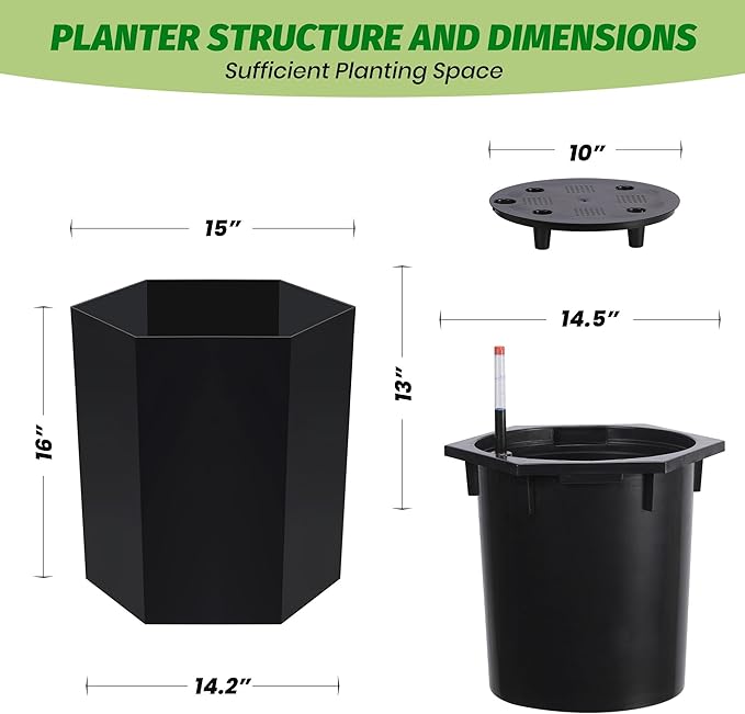 IDEALHOUSE 16" Tall Planters Set of 2, Self Watering Flower Pots, with Water Level Gauge, Drainage Hole & Wheels, Outdoor ＆ Indoor Planter Pots for Garden, Patio, Balcony