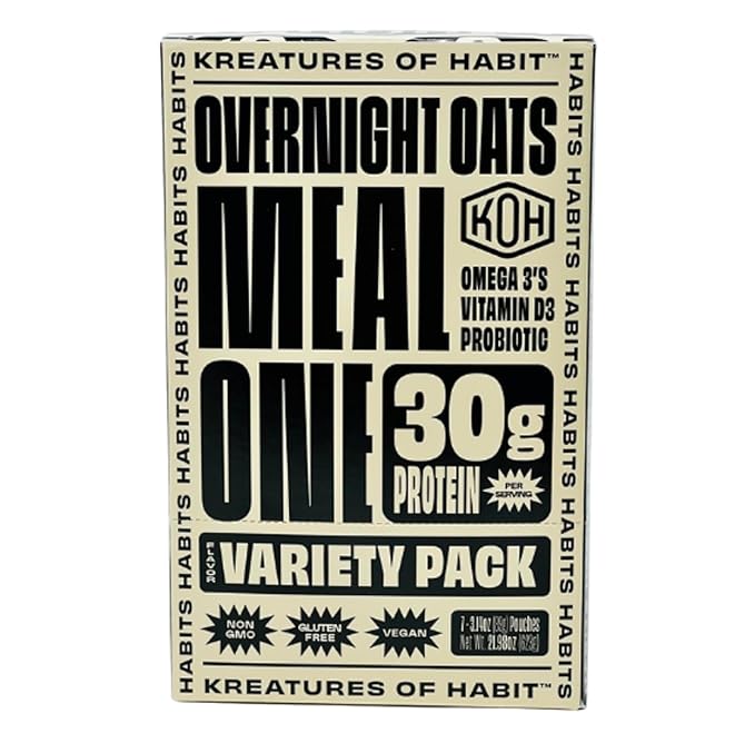 Kreatures of Habit MEAL ONE | Overnight & Instant Superfood Protein Meal Replacement | Gluten Free, Dairy Free, 30g of Plant Based Protein, With No Added Sugar (7 Pack, Variety)