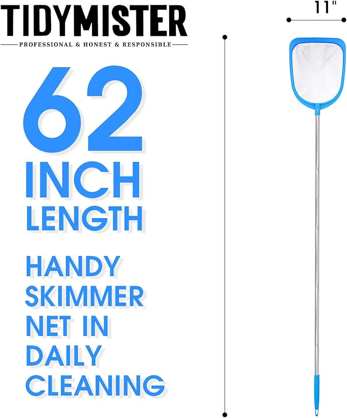 TidyMister 11'' Wide Hot Tub Skimmer for Spa, Handy Pool Skimmer Net with Ultra Fine Diamond Netting Mesh for Small Pools, Hanging Hole Easy to Store (62'' Long)