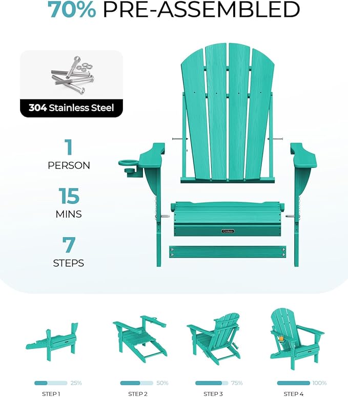 Ciokea Folding Adirondack Chair Wood Texture, Patio Adirondack Chair Weather Resistant, Plastic Fire Pit Chair with Cup Holder, Lawn Chair for Outdoor Porch Garden Backyard Deck (Lake Blue)