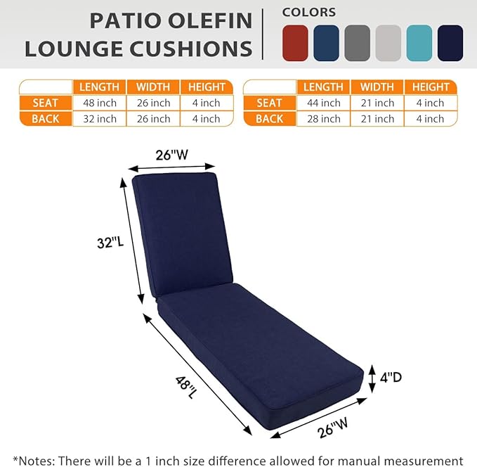 Sundale Outdoor Olefin Chaise Lounge Cushion, Water-Resistant Patio Lounge Chair Cushion, Thick Lounger Pad with 4 Straps Navy Blue, 80 x 26 x 4 Inches