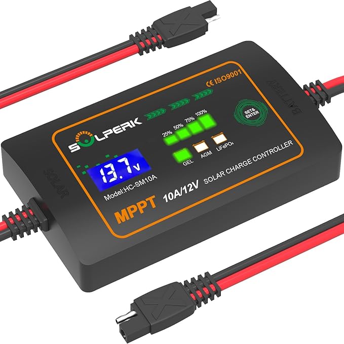 SOLPERK 10A 12V MPPT Solar Charge Controller with LCD Display, Intelligent Solar Panel Controller Portable Solar Panel Regulator for Gel AGM Lead-Acid Lithium LiFePO4 Battery