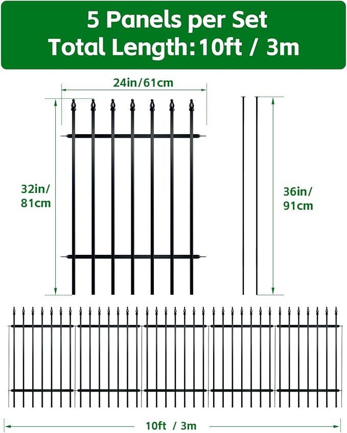ARIFARO Metal Garden Fence 32" H x 24" W (5 Pack, Length 10 ft), No Digging Decorative Garden Border Fence, Rustproof Black Garden Fence Panels for Yard, Flower Bed, Patio, Dog Animal Barrier