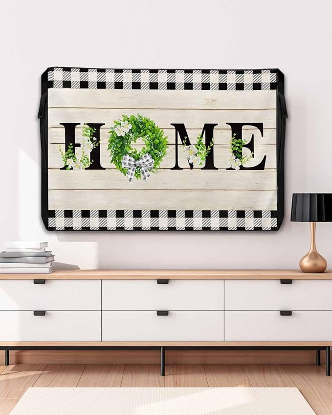 Retro Outdoor TV Cover for Outside Flat Screen,Home Text Wood Board 600D Thick Waterproof Weatherproof Outdoor TV Screen Protector with Zipper for 60 to 65 Inch Flat Screens Rustic Leaf Flower Plaid